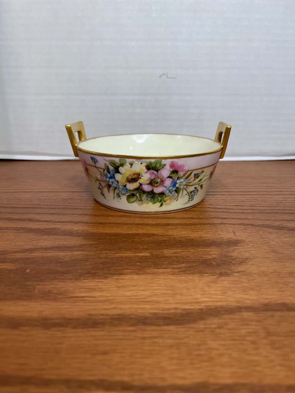 Porcelain Bonbon Candy Dish 5" Floral Bowl Double Gold Handles